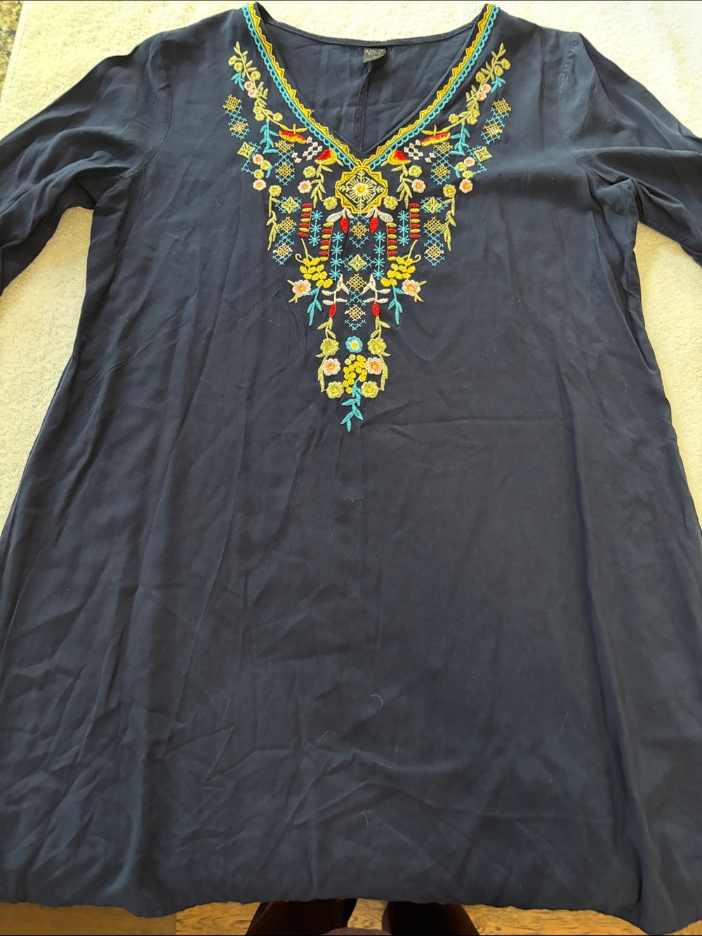 Emily Rose Navy Tunic with Yellow & Teal Floral Embroidery